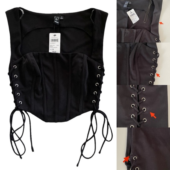 Windsor Tops - Windsor Square Neck Black Lace-Up Bustier-Style Bodice Crop Top Women’s Small